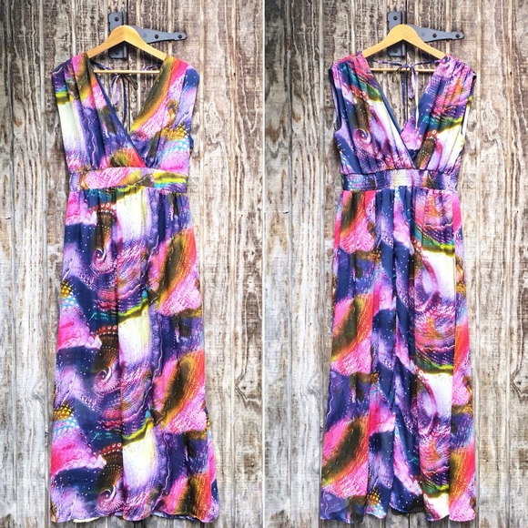 Dirty Ballerina Blue Multi Watercolor Print Drape Back Maxi Dress - Picture 2 of 6